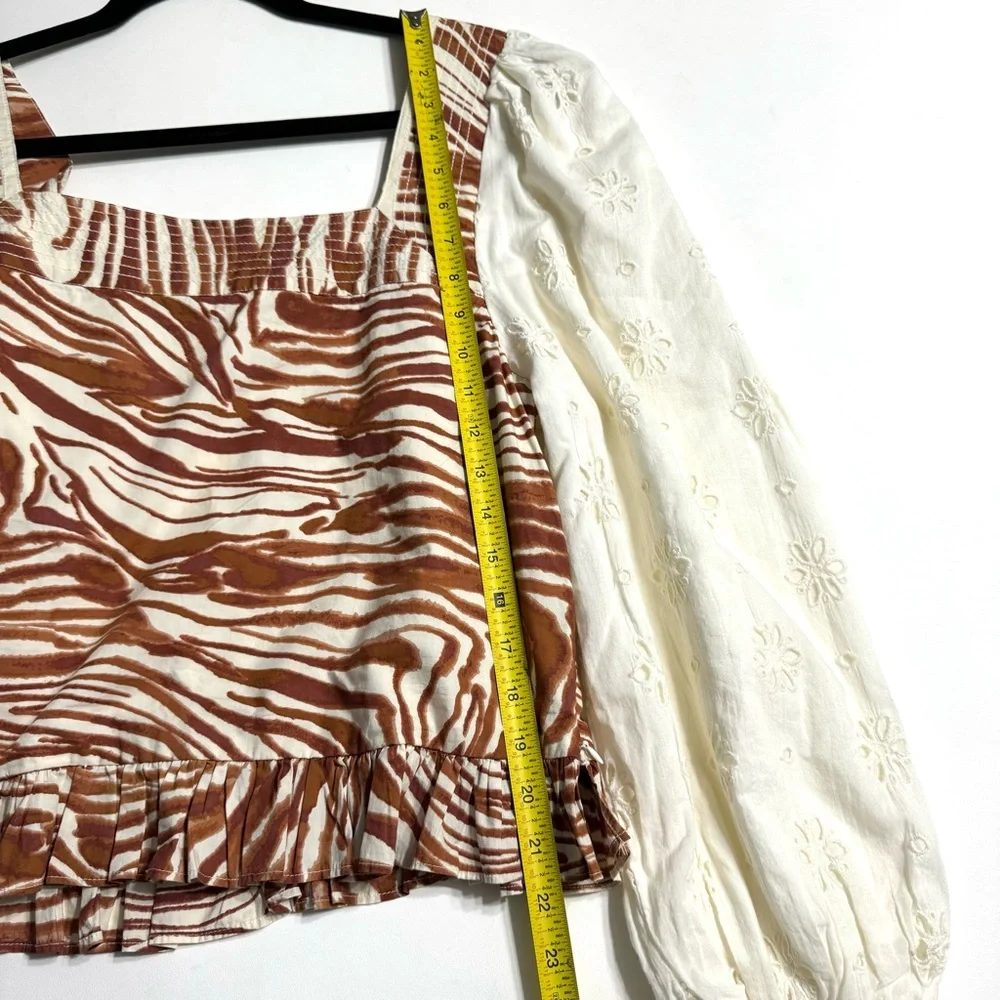 Anthropologie White Eyelet Puff Sleeve Top with Rust Brown Abstract Print